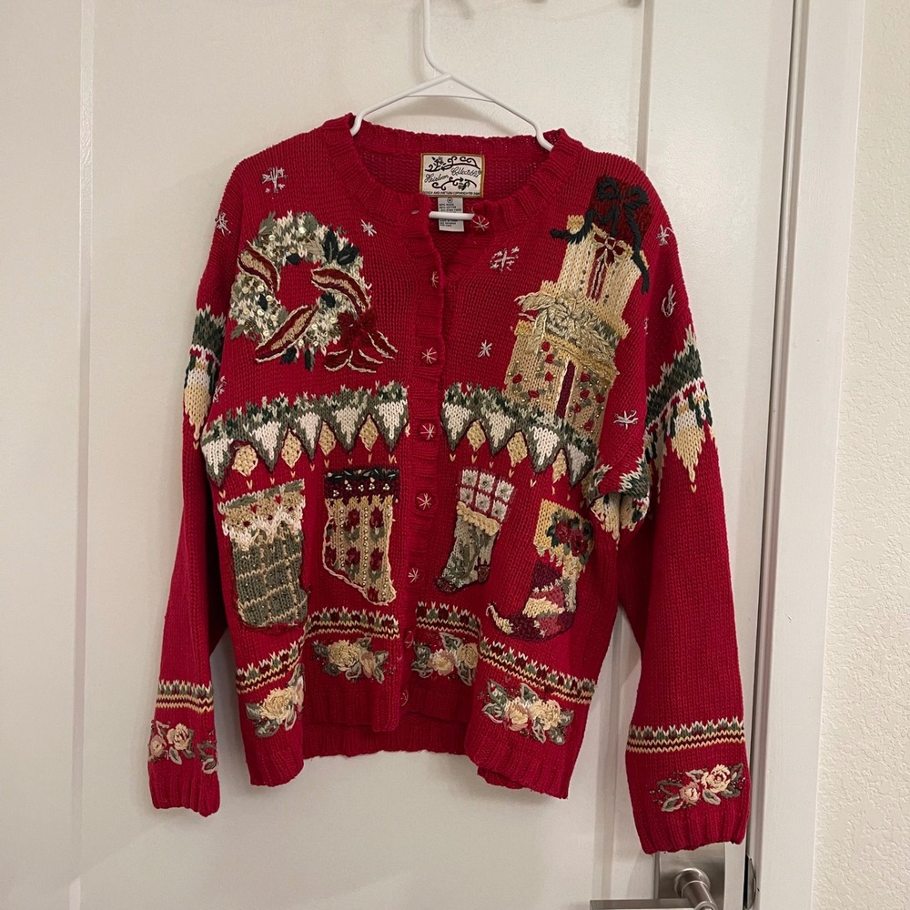 Vintage 90s Holiday Christmas Sweater Cardigan Presents Fall GrandmaCore